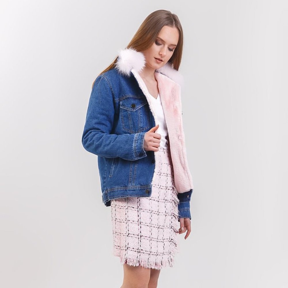 DASTI Fuax Fur Sherpa Jean Jacket for Womans Pink